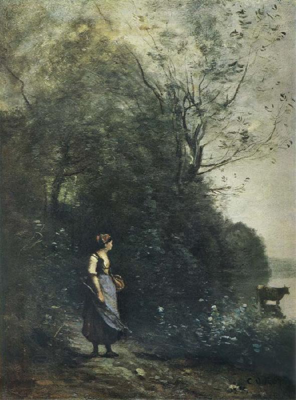 Jean Baptiste Camille  Corot Landscape with a peasant Girl grazing a Cow at the Edge of a Forest